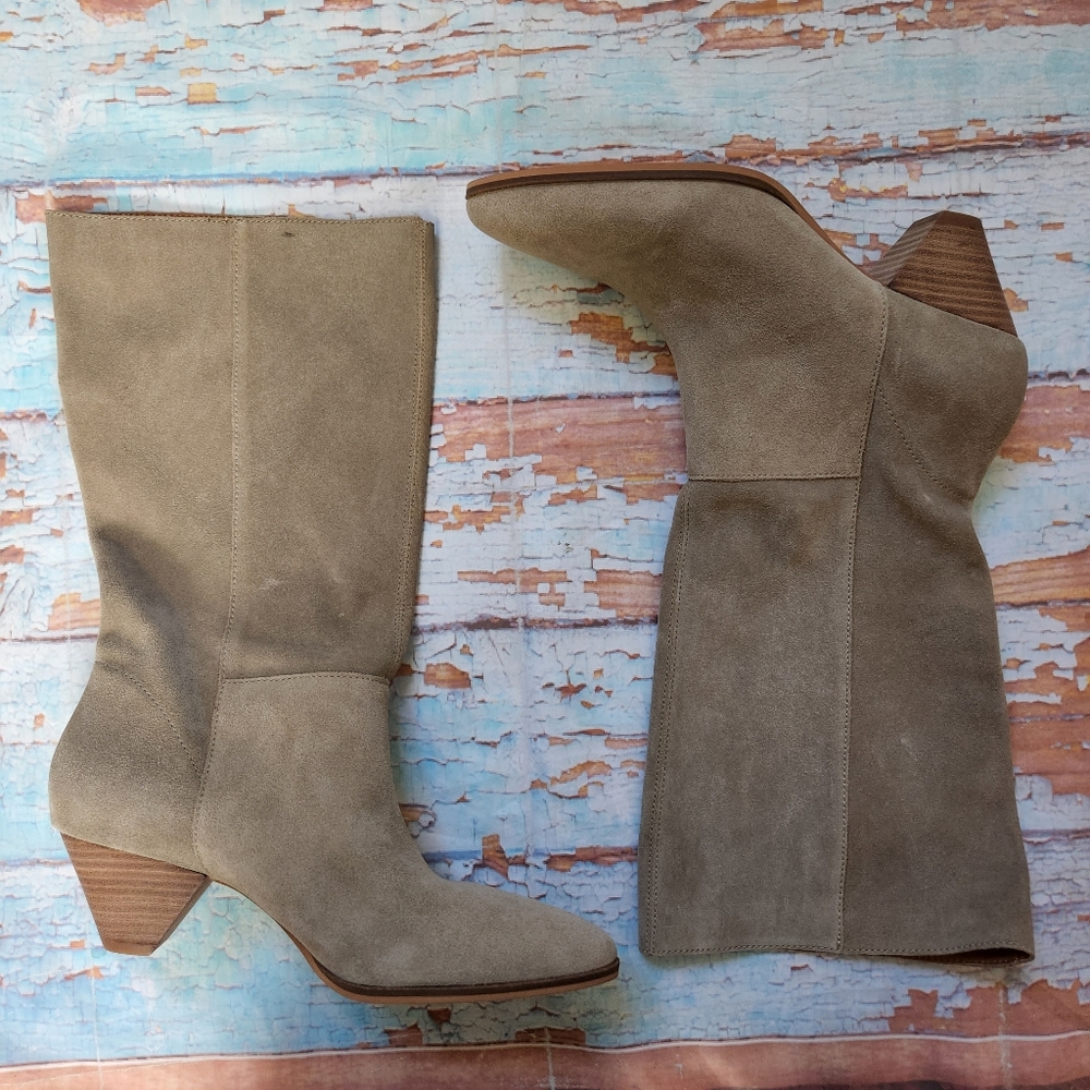 Lucky Brand sz 9.5 Fukko mid calf bootie stacked heel suede upper pull on